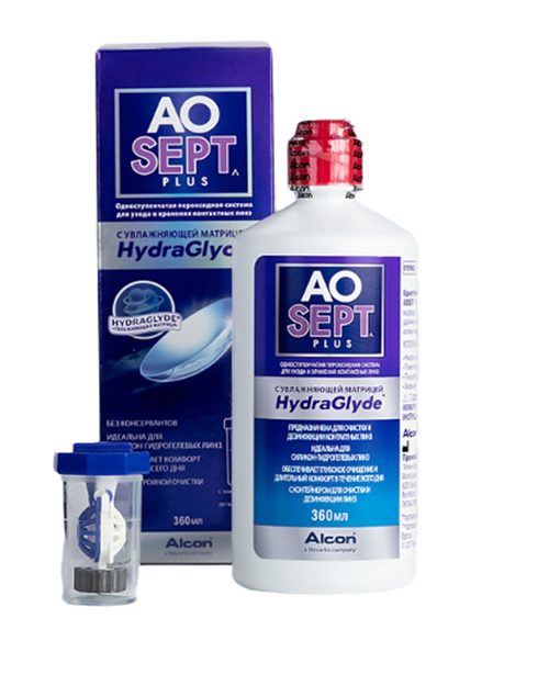 Пероксидная система для ухода за контактными линзами aosept-plus с hydraglyde (360 ml+контейнер)